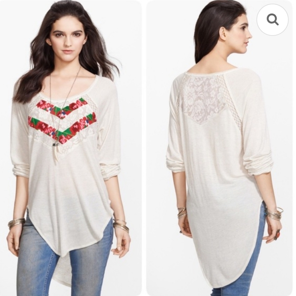 Free People Y2K Vintage White Embroidered Lace Blouse Rolled Sleeves, Size S